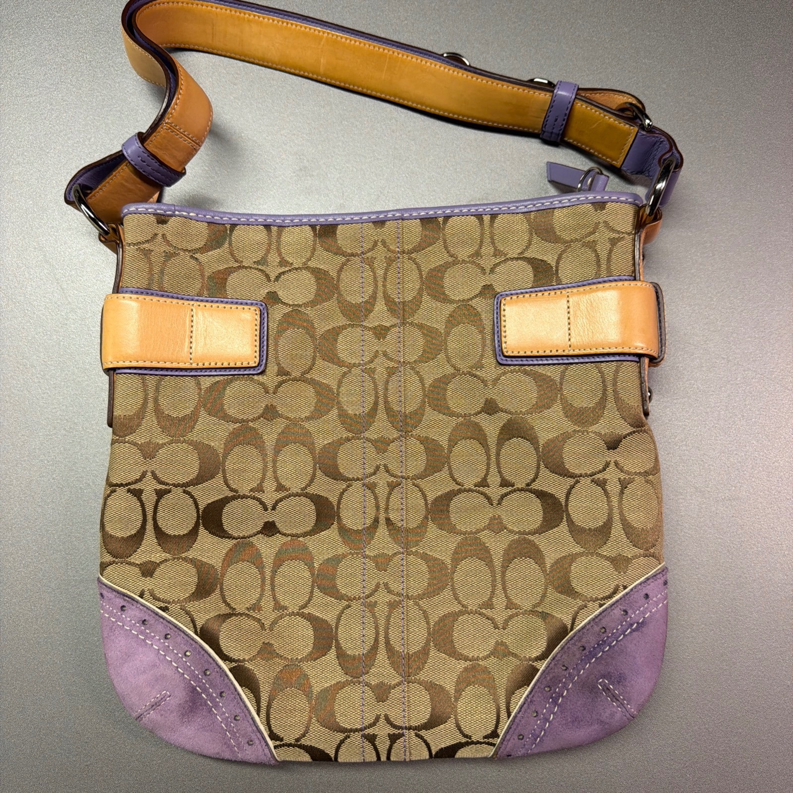 Coach H05k-1427 Signature Canvas Crossbody Bag Khaki Purple Leather Trim